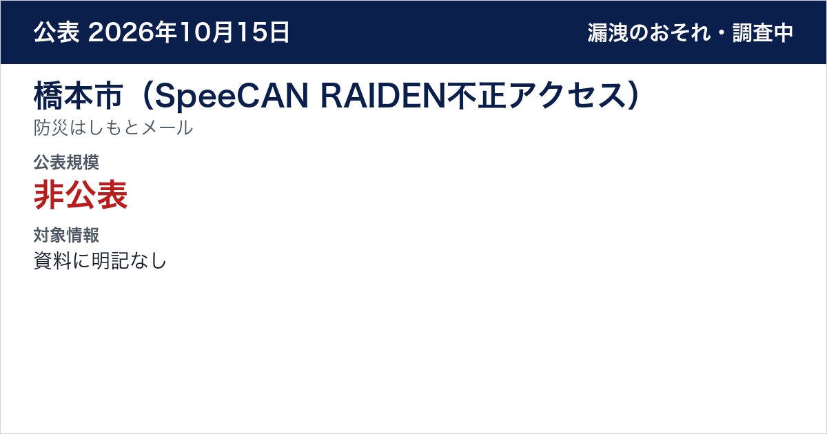 橋本市(SpeeCAN RAIDEN不正アクセス) 防災はしもとメール 公表規模:非公表