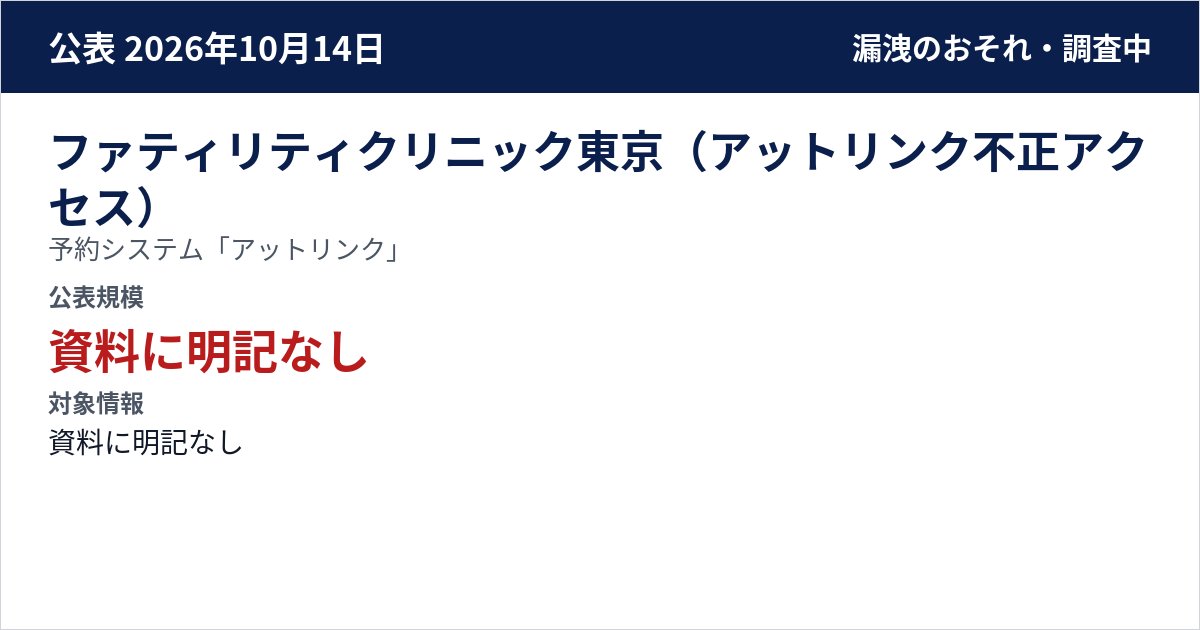 ファティリティクリニック東京(アットリンク不正アクセス) 予約システム「アットリンク」 公表規模:資料に明記なし