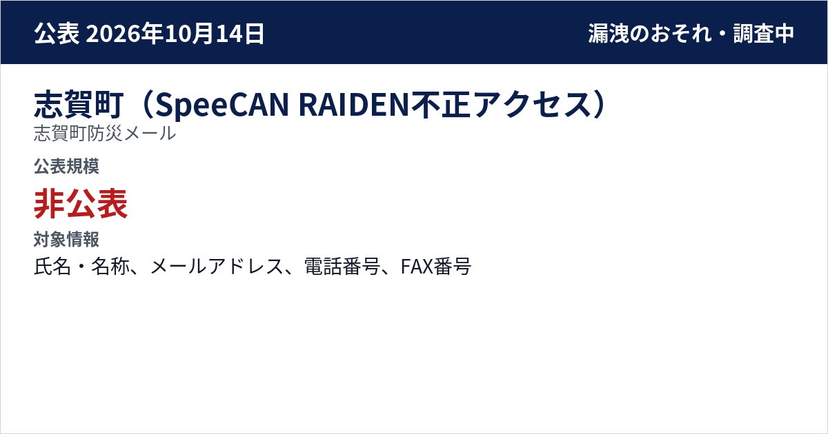 志賀町(SpeeCAN RAIDEN不正アクセス) 志賀町防災メール 公表規模:非公表