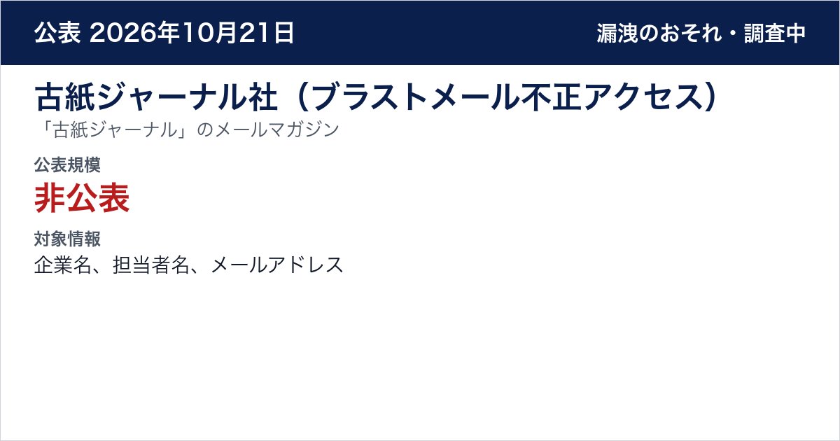 古紙ジャーナル社(ブラストメール不正アクセス) 「古紙ジャーナル」のメールマガジン 公表規模:非公表