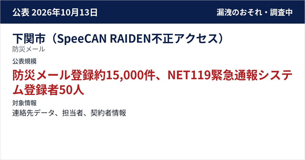 下関市(SpeeCAN RAIDEN不正アクセス) 防災メール 公表規模:防災メール登録約15,000件、NET119緊急通報システム登録者50人
