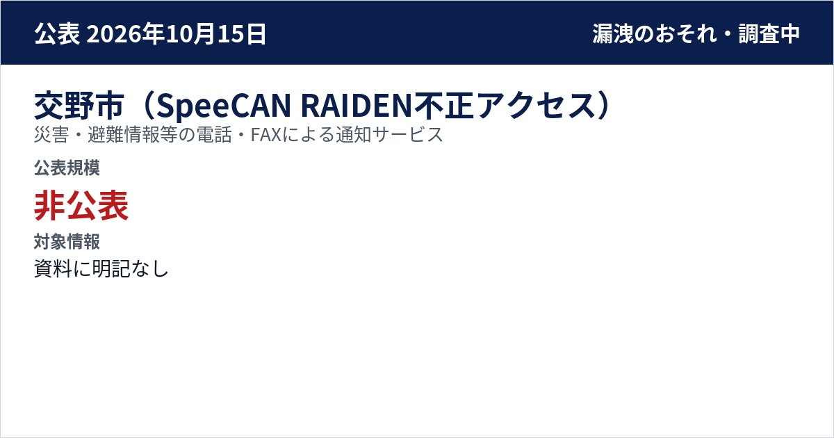 交野市(SpeeCAN RAIDEN不正アクセス) 災害・避難情報等の電話・FAXによる通知サービス 公表規模:非公表