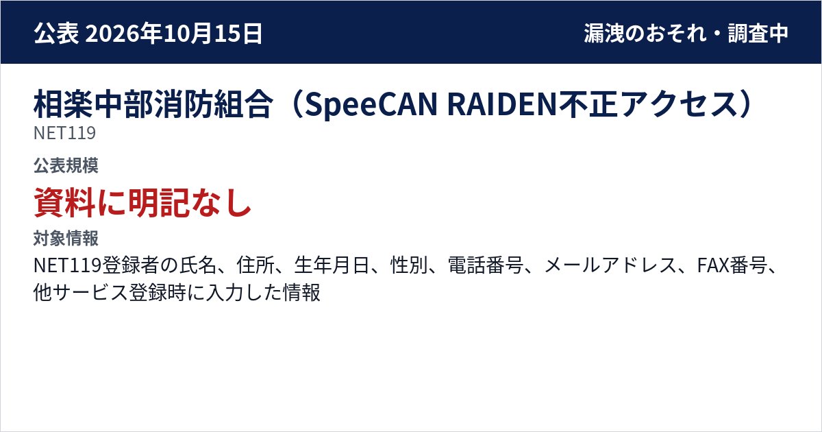 相楽中部消防組合(SpeeCAN RAIDEN不正アクセス) NET119 公表規模:資料に明記なし