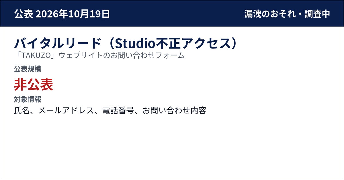 バイタルリード(Studio不正アクセス) 「TAKUZO」ウェブサイトのお問い合わせフォーム 公表規模:非公表