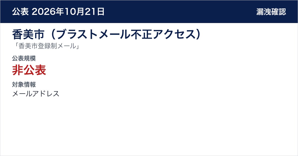 香美市（ブラストメール不正アクセス） 「香美市登録制メール」　公表規模：非公表