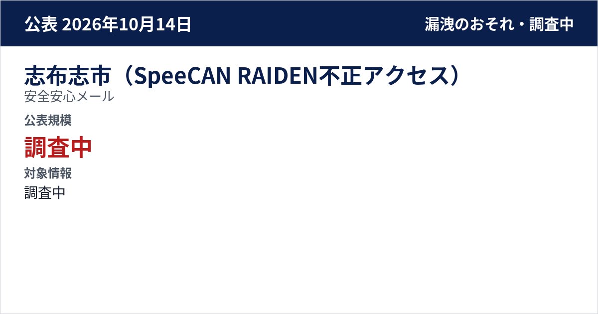 志布志市(SpeeCAN RAIDEN不正アクセス) 安全安心メール 公表規模:調査中