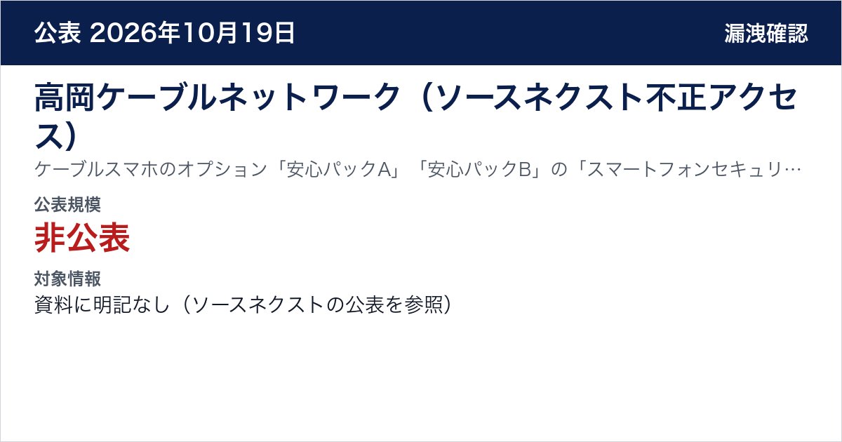 高岡ケーブルネットワーク(ソースネクスト不正アクセス) ケーブルスマホのオプション「安心パックA」「安心パックB」の「スマートフォンセキュリティ」 公表規模:非公表