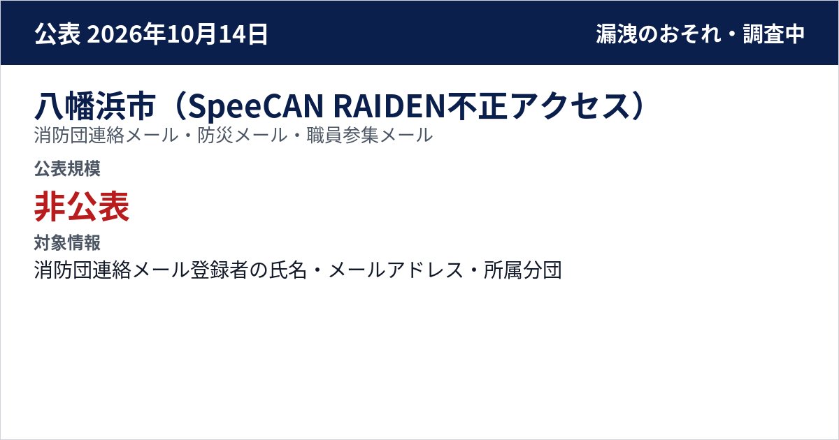 八幡浜市(SpeeCAN RAIDEN不正アクセス) 消防団連絡メール・防災メール・職員参集メール 公表規模:非公表