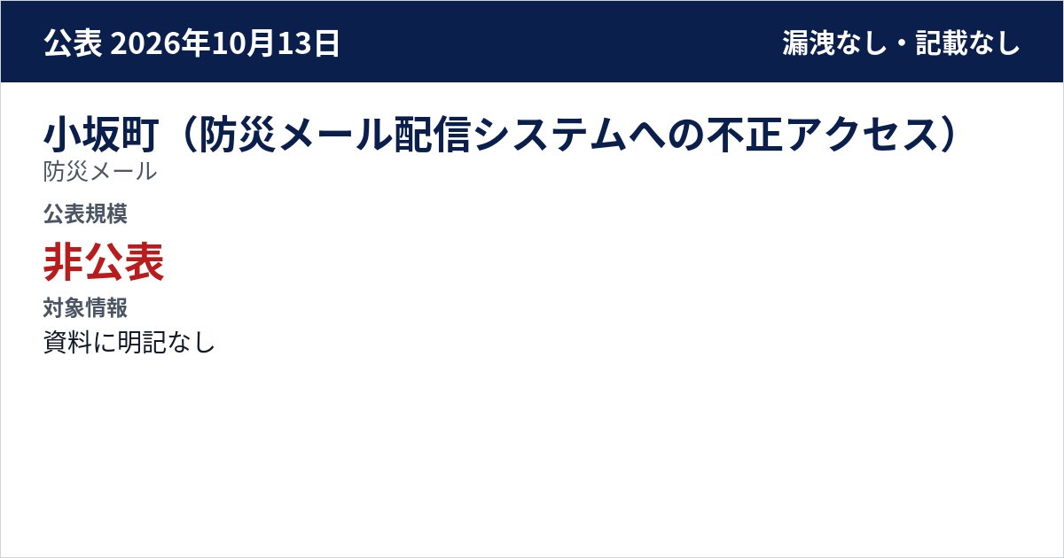 小坂町(防災メール配信システムへの不正アクセス) 防災メール 公表規模:非公表