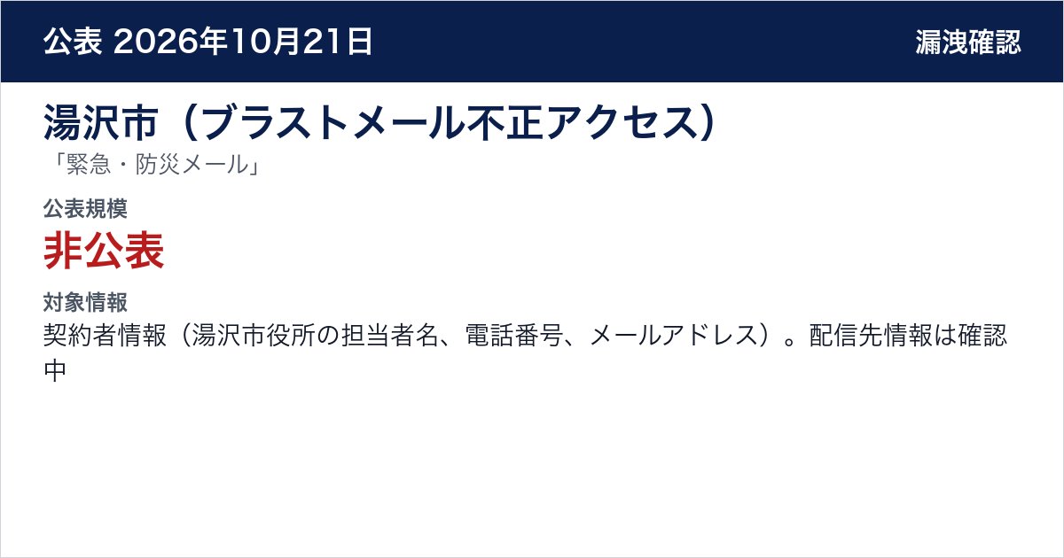 湯沢市（ブラストメール不正アクセス） 「緊急・防災メール」　公表規模：非公表
