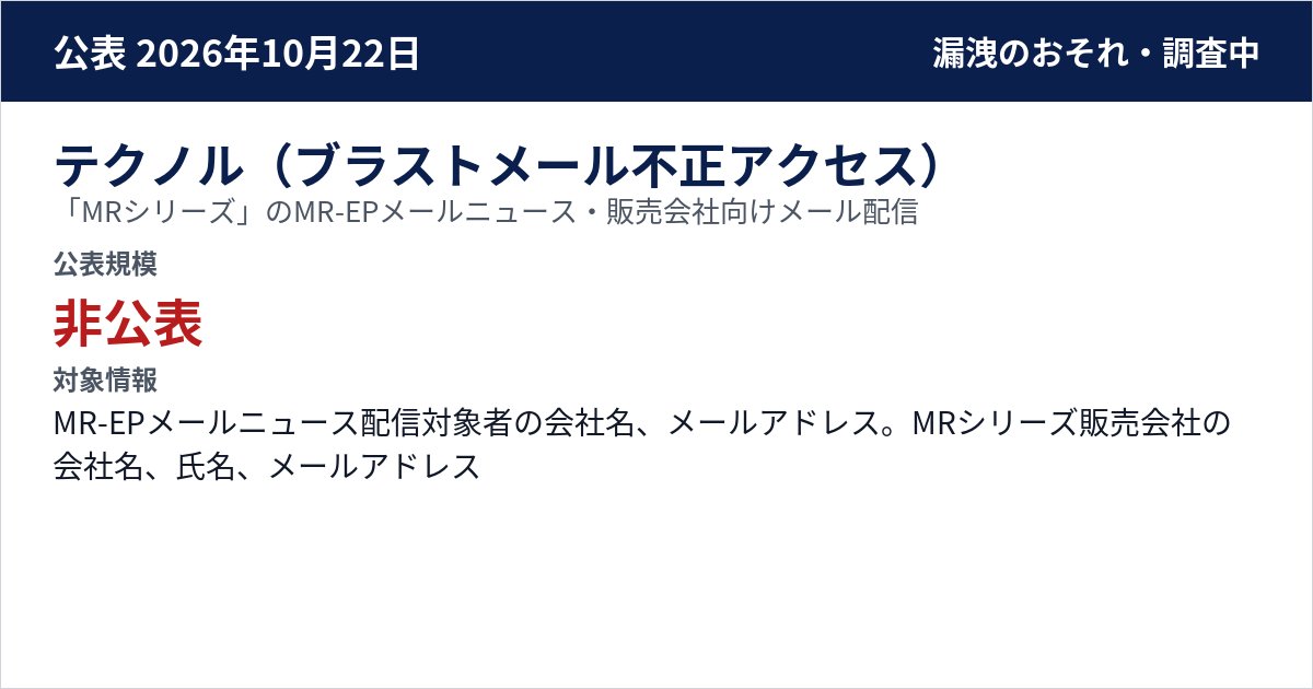 テクノル(ブラストメール不正アクセス) 「MRシリーズ」のMR-EPメールニュース・販売会社向けメール配信 公表規模:非公表