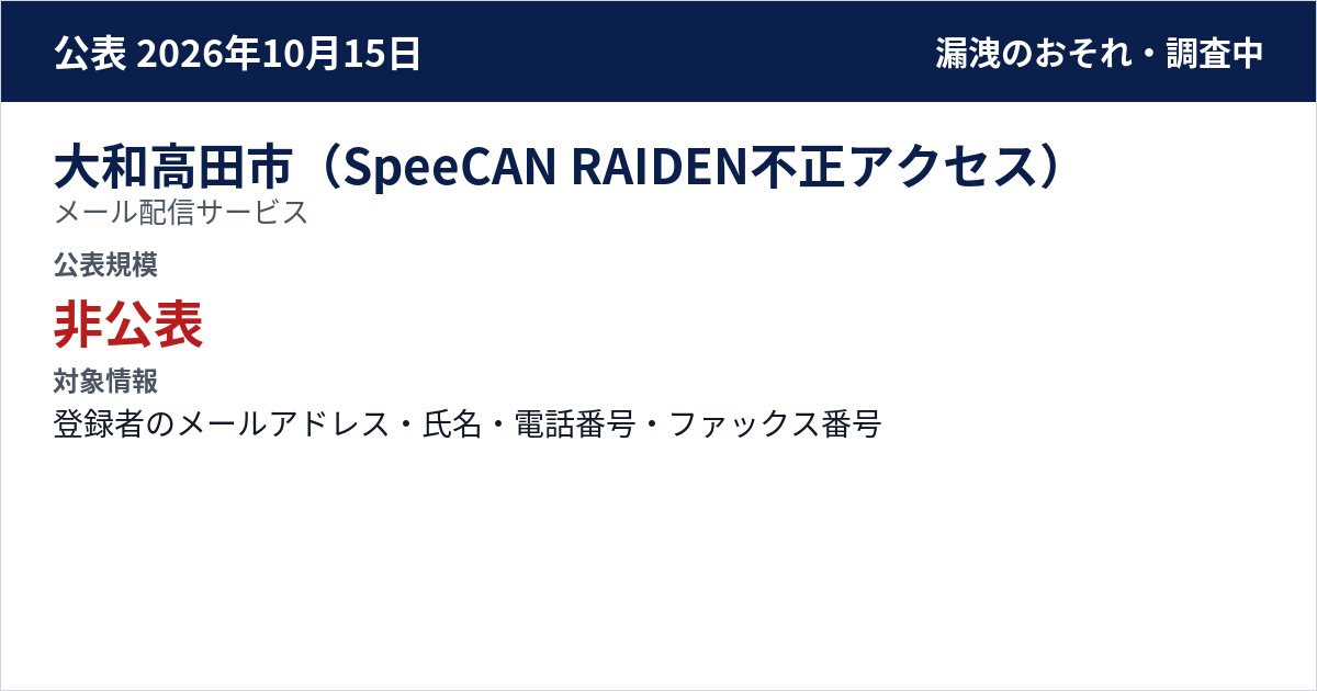 大和高田市(SpeeCAN RAIDEN不正アクセス) メール配信サービス 公表規模:非公表