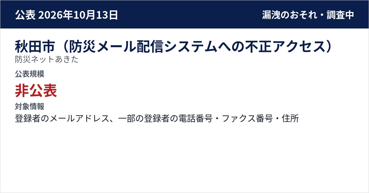 秋田市(防災メール配信システムへの不正アクセス) 防災ネットあきた 公表規模:非公表
