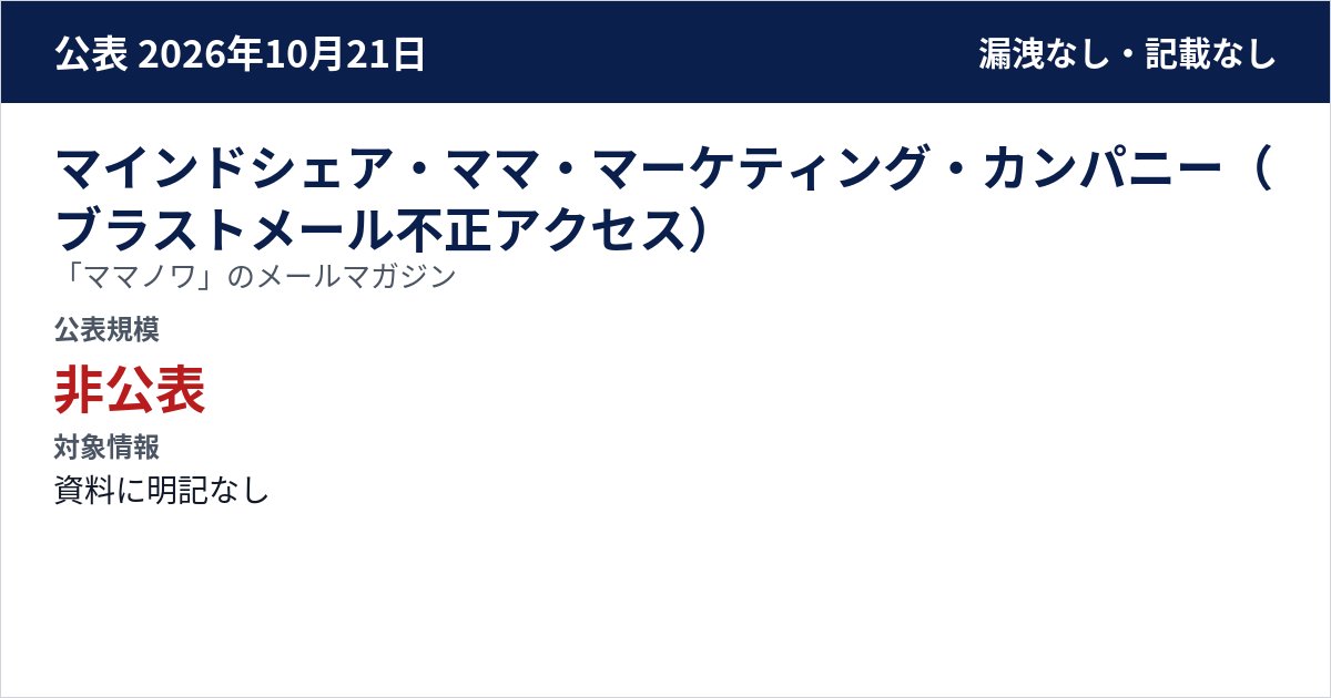 マインドシェア・ママ・マーケティング・カンパニー(ブラストメール不正アクセス) 「ママノワ」のメールマガジン 公表規模:非公表