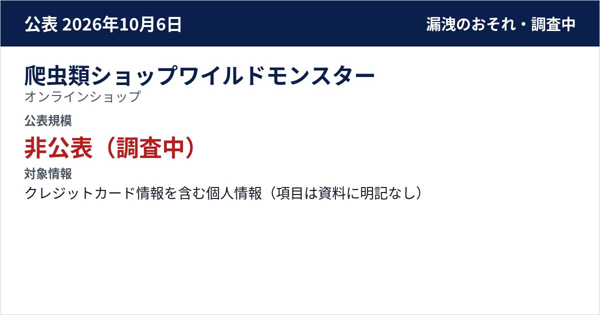 爬虫類ショップワイルドモンスター オンラインショップ 公表規模:非公表(調査中)