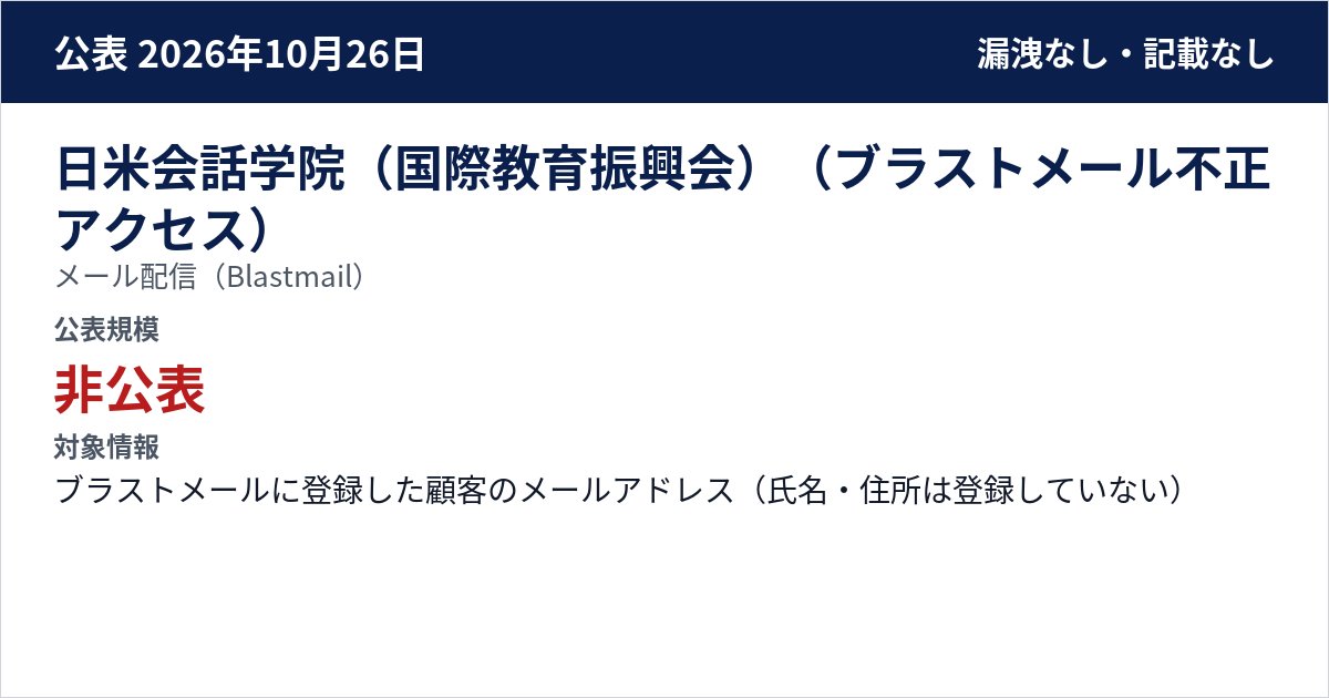 日米会話学院(国際教育振興会)(ブラストメール不正アクセス) メール配信(Blastmail) 公表規模:非公表