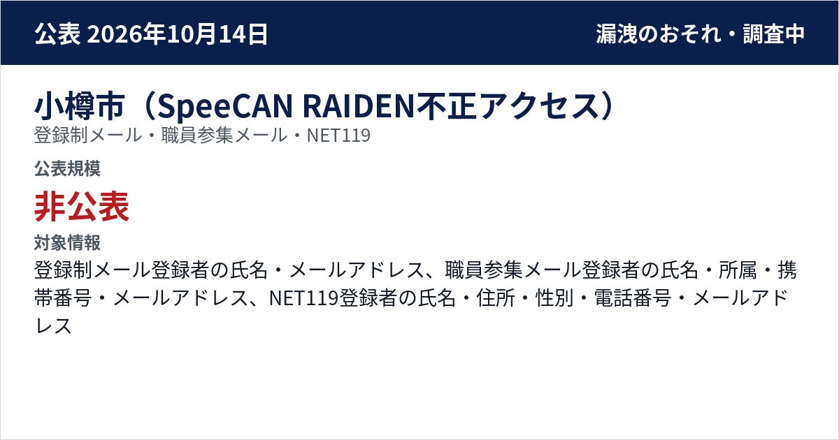 小樽市(SpeeCAN RAIDEN不正アクセス) 登録制メール・職員参集メール・NET119 公表規模:非公表