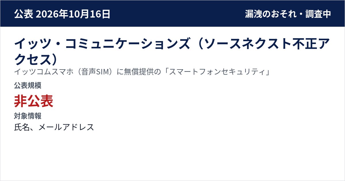 イッツ・コミュニケーションズ(ソースネクスト不正アクセス) イッツコムスマホ(音声SIM)に無償提供の「スマートフォンセキュリティ」 公表規模:非公表