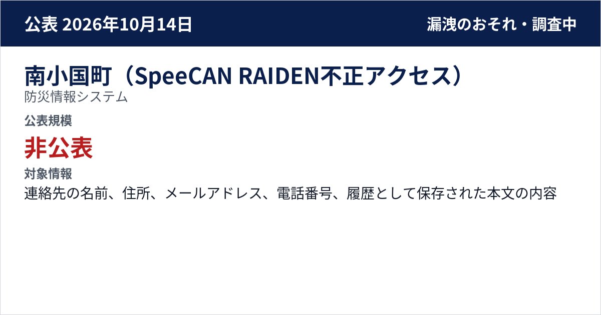 南小国町(SpeeCAN RAIDEN不正アクセス) 防災情報システム 公表規模:非公表