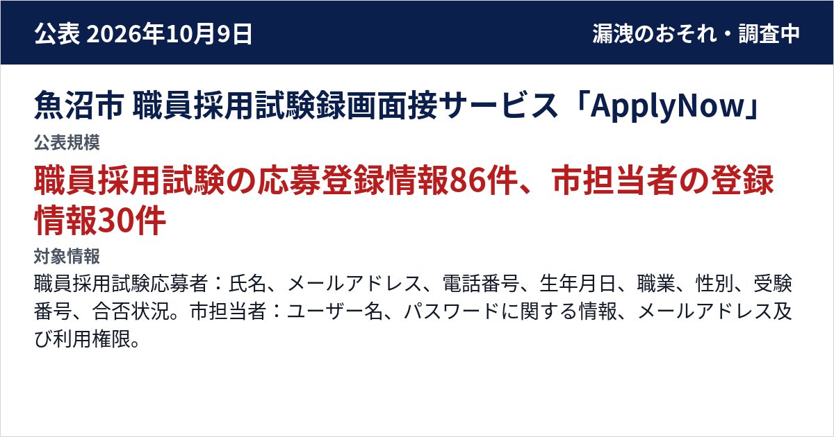 魚沼市 職員採用試験録画面接サービス「ApplyNow」 公表規模:職員採用試験の応募登録情報86件、市担当者の登録情報30件
