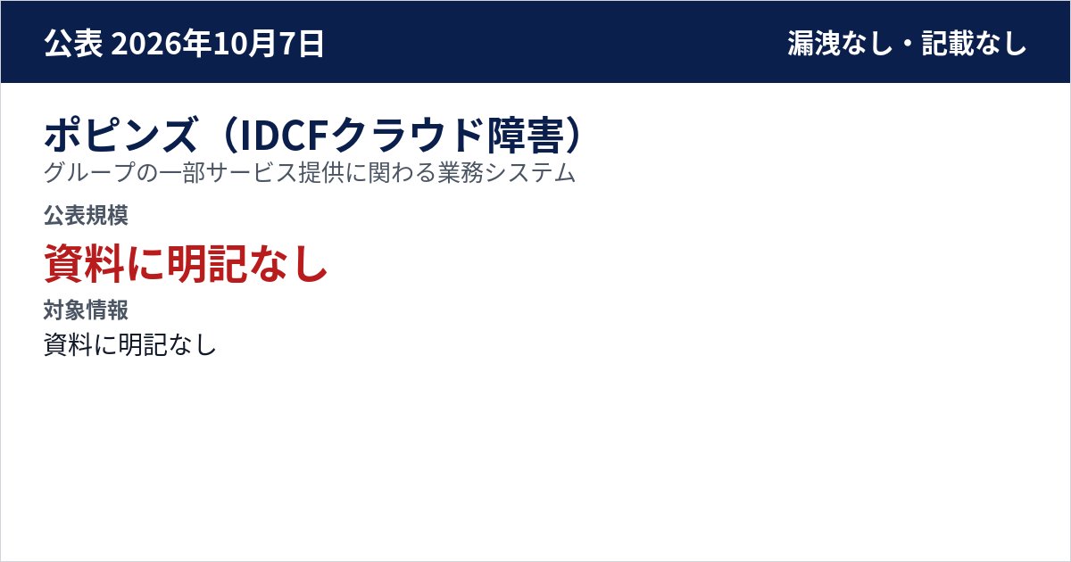 ポピンズ(IDCFクラウド障害) グループの一部サービス提供に関わる業務システム 公表規模:資料に明記なし