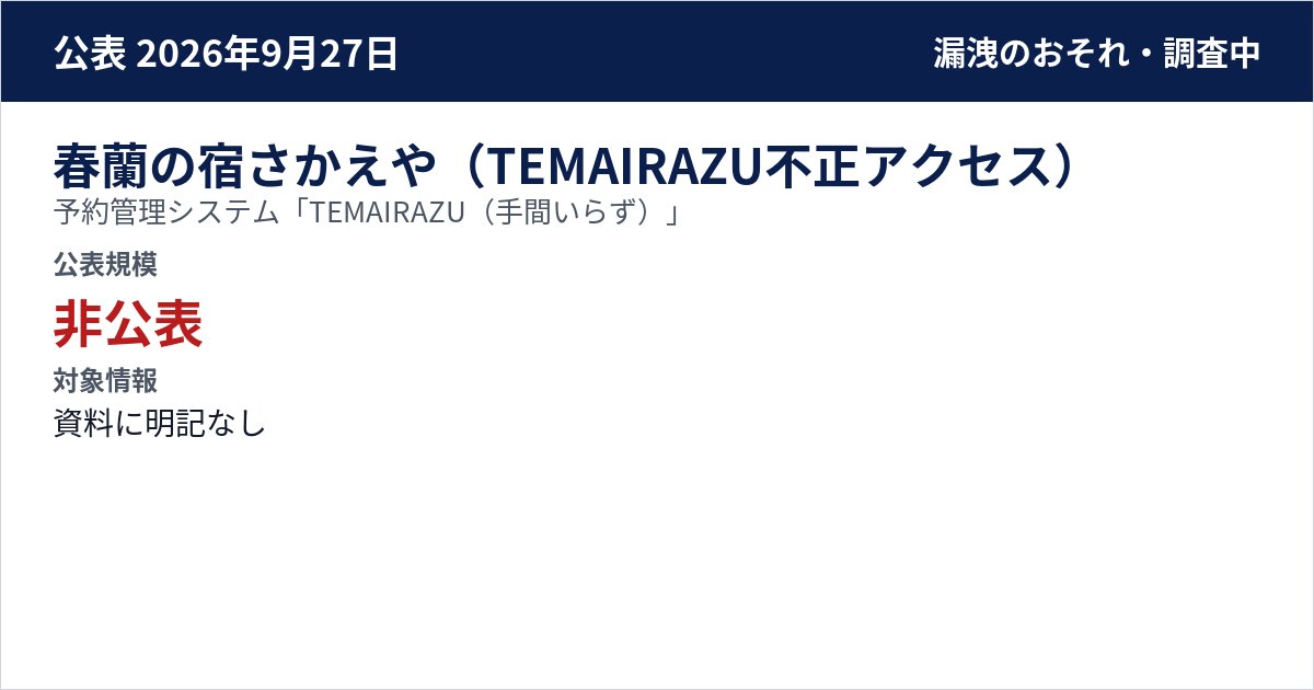 春蘭の宿さかえや(TEMAIRAZU不正アクセス) 予約管理システム「TEMAIRAZU(手間いらず)」 公表規模:非公表