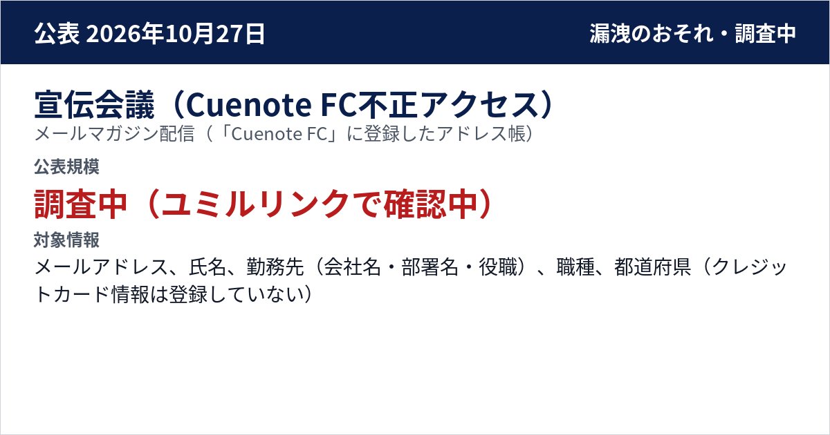 宣伝会議(Cuenote FC不正アクセス) メールマガジン配信(「Cuenote FC」に登録したアドレス帳) 公表規模:調査中(ユミルリンクで確認中)