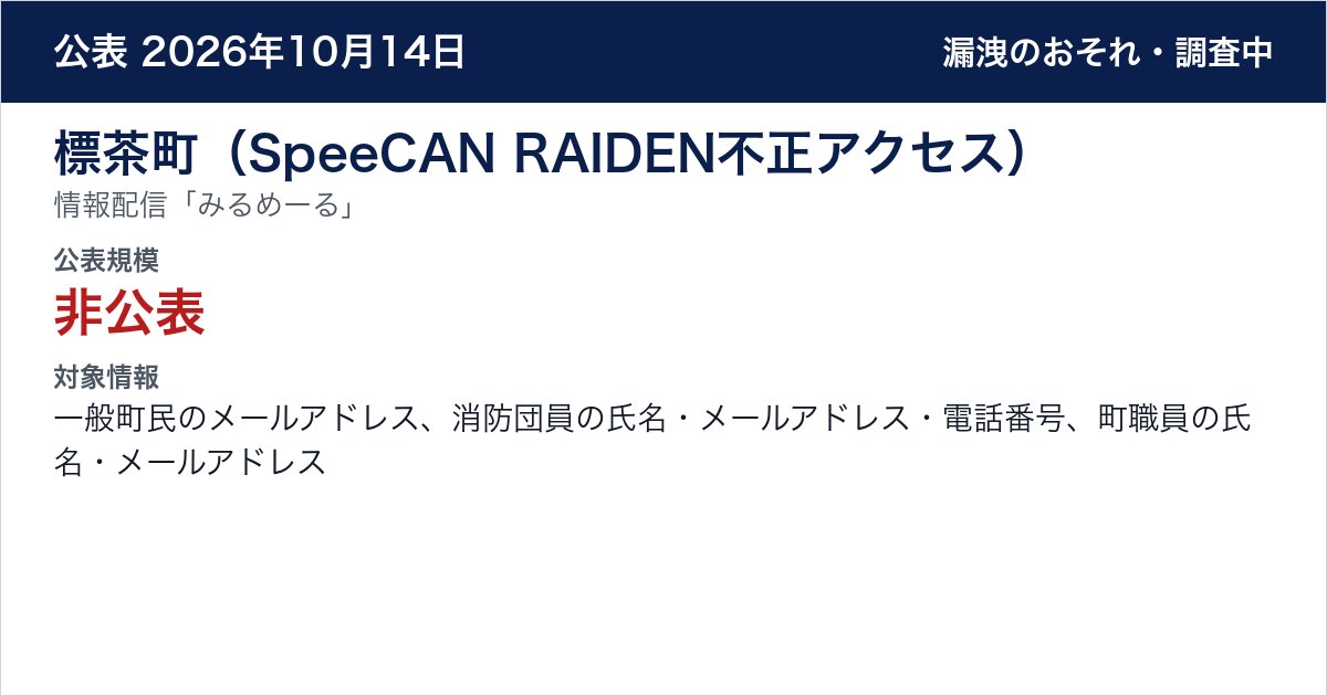 標茶町（SpeeCAN RAIDEN不正アクセス） 情報配信「みるめーる」　公表規模：非公表