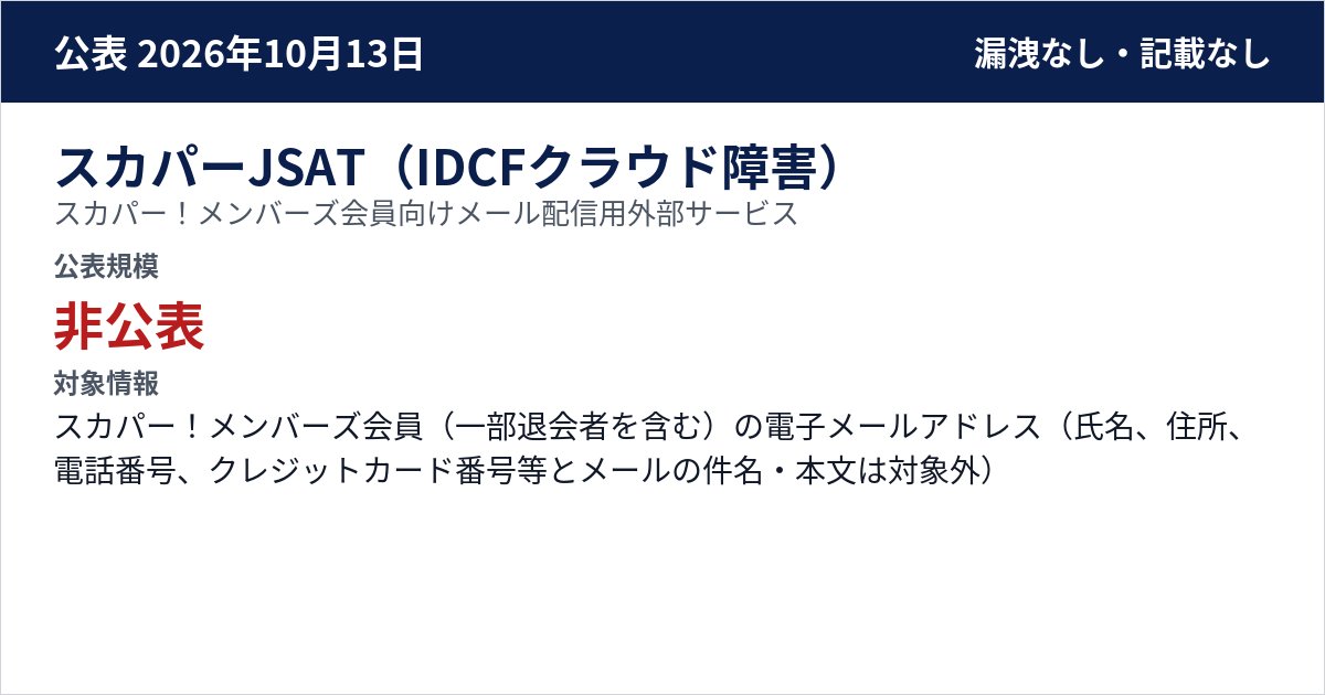 スカパーJSAT(IDCFクラウド障害) スカパー!メンバーズ会員向けメール配信用外部サービス 公表規模:非公表
