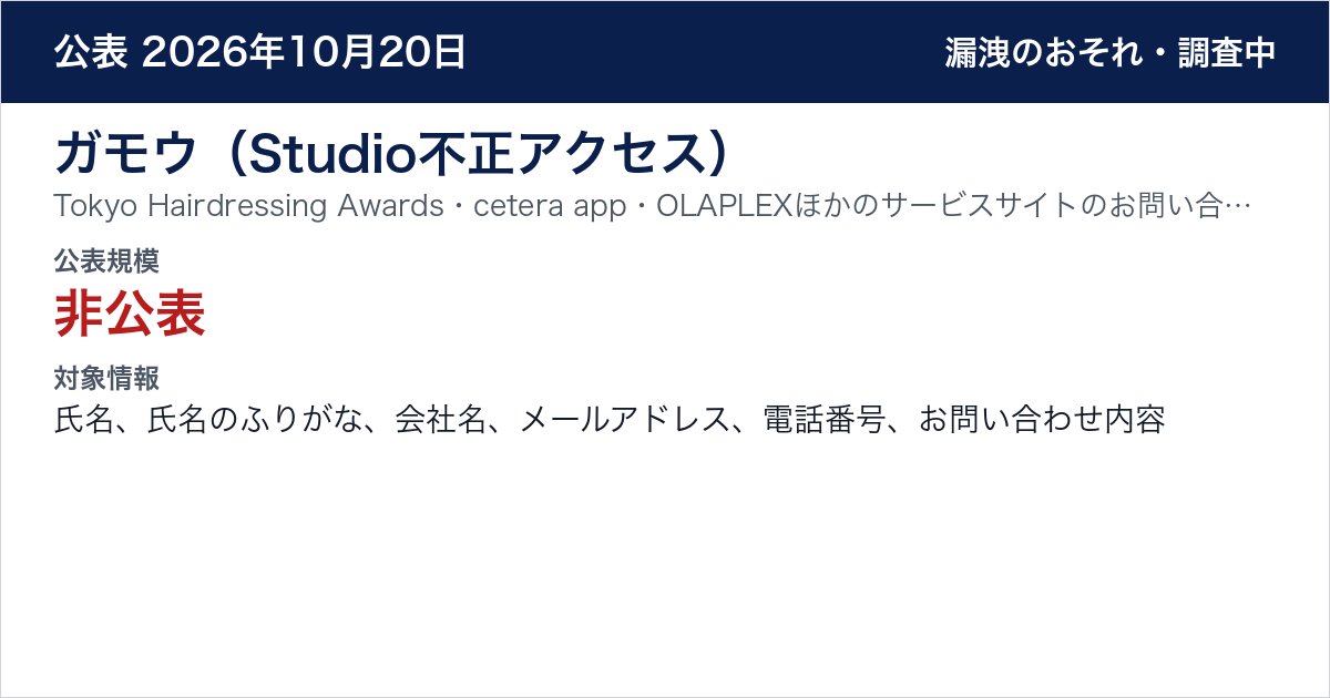 ガモウ（Studio不正アクセス） Tokyo Hairdressing Awards・cetera app・OLAPLEXほかのサービスサイトのお問い合わせフォーム　公表規模：非公表