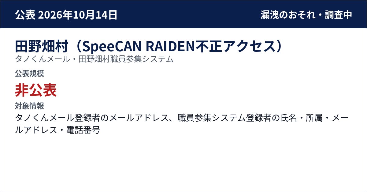 田野畑村(SpeeCAN RAIDEN不正アクセス) タノくんメール・田野畑村職員参集システム 公表規模:非公表