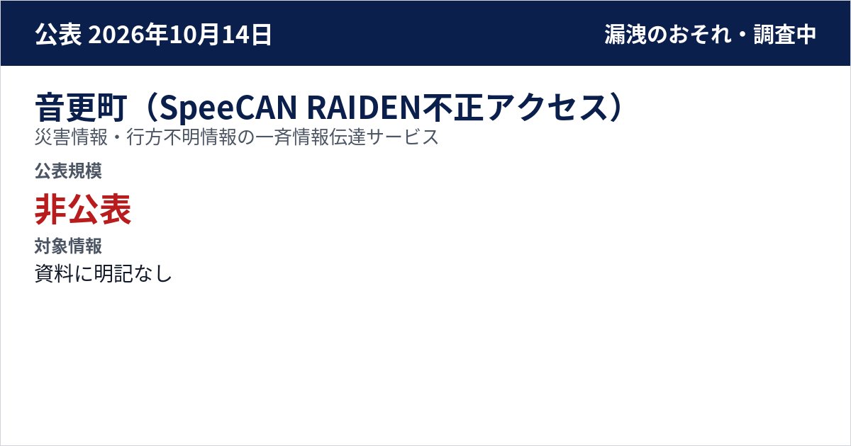 音更町(SpeeCAN RAIDEN不正アクセス) 災害情報・行方不明情報の一斉情報伝達サービス 公表規模:非公表
