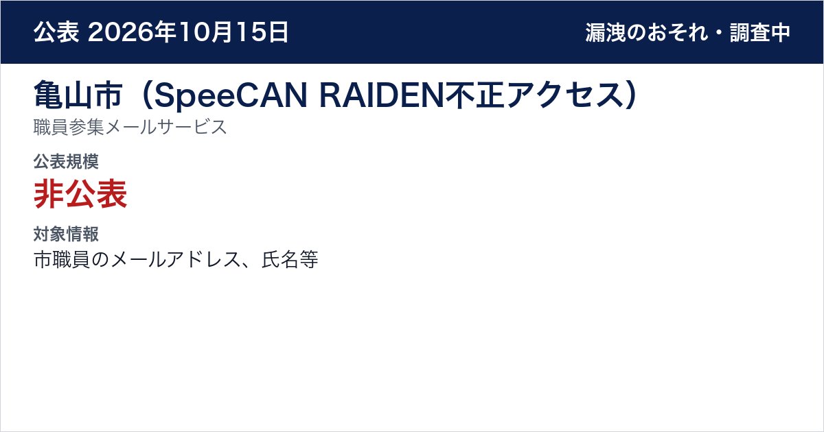 亀山市(SpeeCAN RAIDEN不正アクセス) 職員参集メールサービス 公表規模:非公表