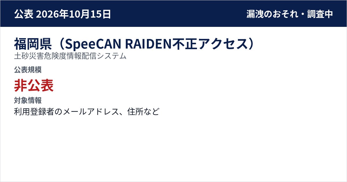 福岡県(SpeeCAN RAIDEN不正アクセス) 土砂災害危険度情報配信システム 公表規模:非公表