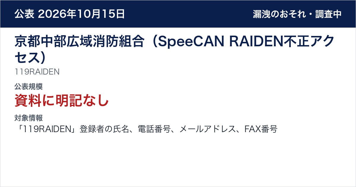 京都中部広域消防組合(SpeeCAN RAIDEN不正アクセス) 119RAIDEN 公表規模:資料に明記なし