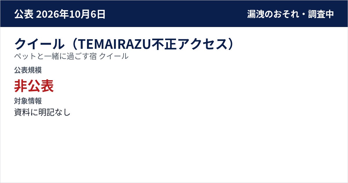 クイール(TEMAIRAZU不正アクセス) ペットと一緒に過ごす宿 クイール 公表規模:非公表