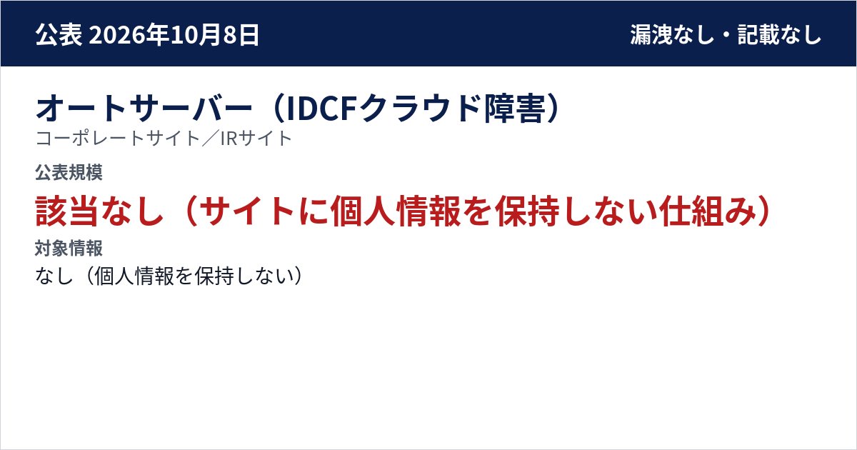 オートサーバー(IDCFクラウド障害) コーポレートサイト/IRサイト 公表規模:該当なし(サイトに個人情報を保持しない仕組み)