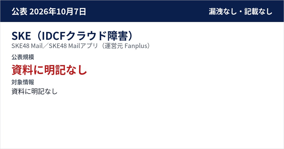 SKE(IDCFクラウド障害) SKE48 Mail/SKE48 Mailアプリ(運営元 Fanplus) 公表規模:資料に明記なし