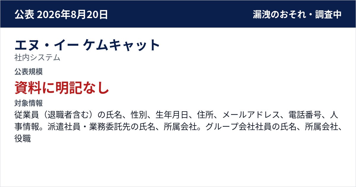 エヌ・イー ケムキャット 社内システム 公表規模:資料に明記なし