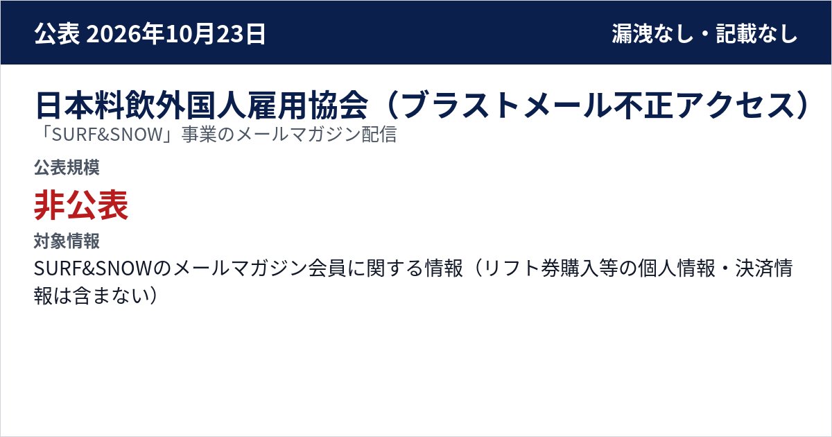 日本料飲外国人雇用協会(ブラストメール不正アクセス) 「SURF&SNOW」事業のメールマガジン配信 公表規模:非公表