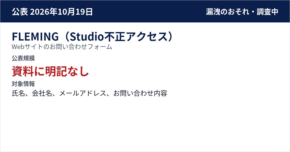 FLEMING(Studio不正アクセス) Webサイトのお問い合わせフォーム 公表規模:資料に明記なし