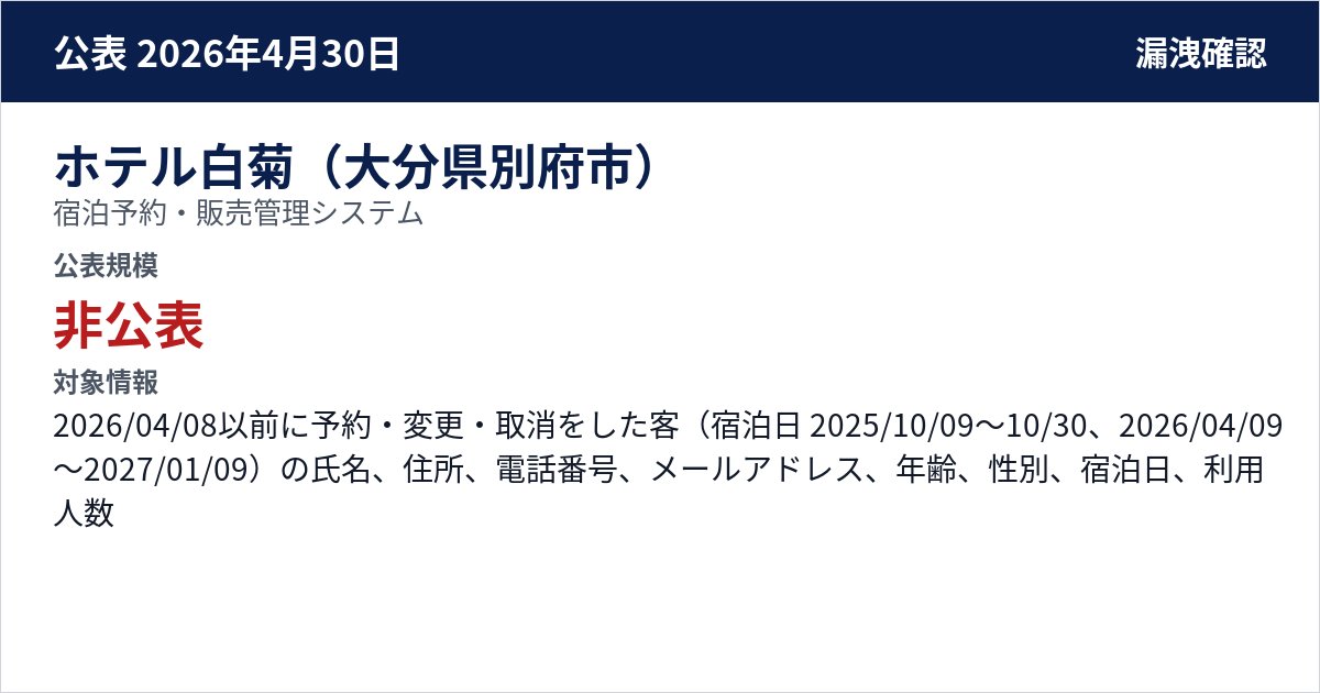 ホテル白菊(大分県別府市) 宿泊予約・販売管理システム 公表規模:非公表