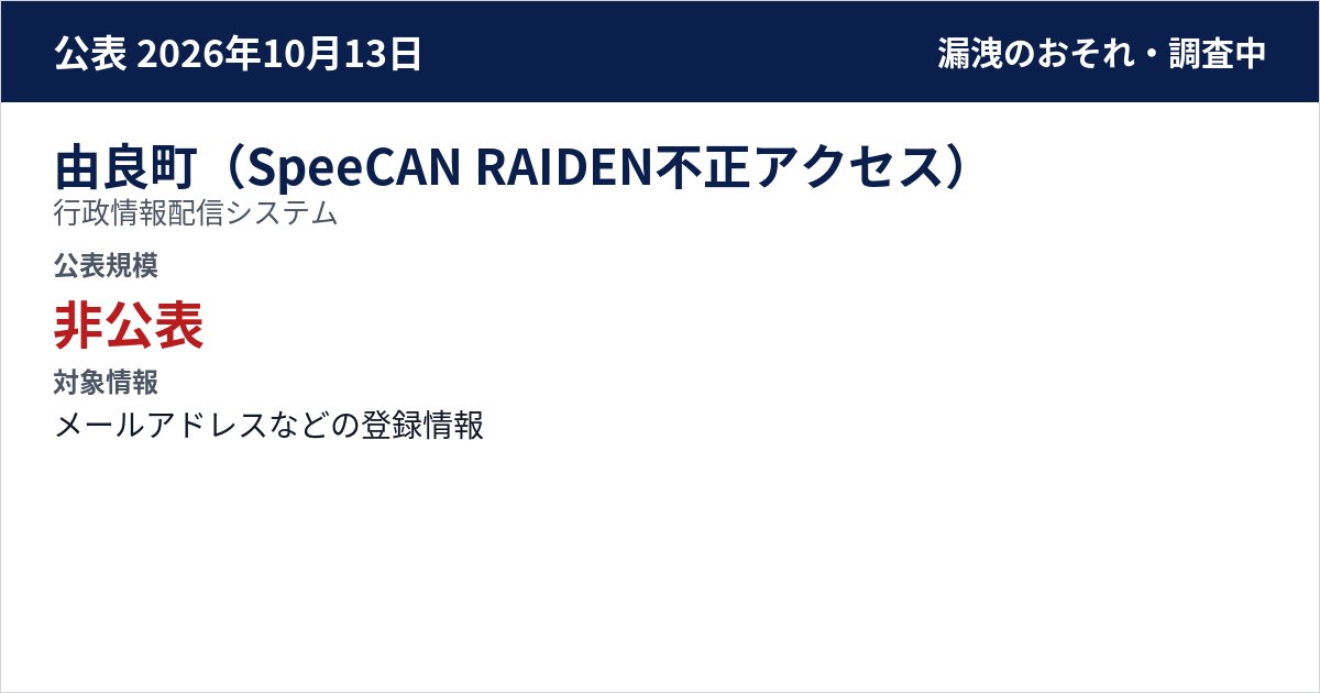 由良町(SpeeCAN RAIDEN不正アクセス) 行政情報配信システム 公表規模:非公表