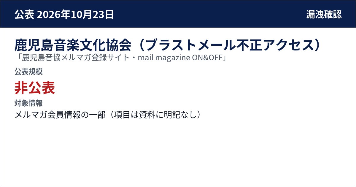 鹿児島音楽文化協会(ブラストメール不正アクセス) 「鹿児島音協メルマガ登録サイト・mail magazine ON&OFF」 公表規模:非公表