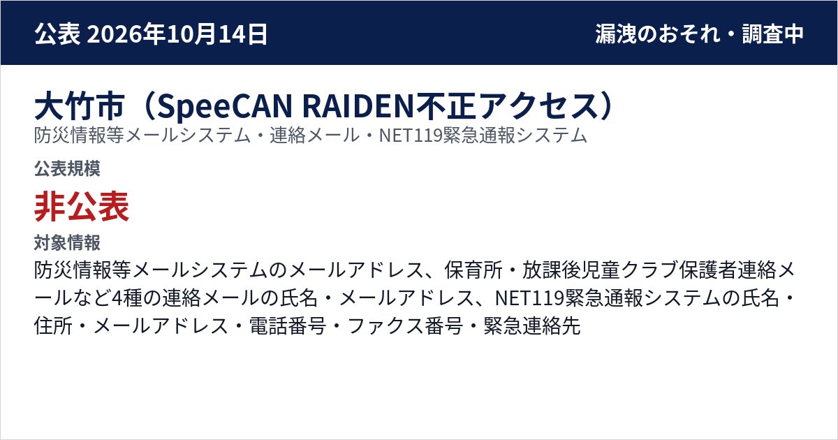 大竹市(SpeeCAN RAIDEN不正アクセス) 防災情報等メールシステム・連絡メール・NET119緊急通報システム 公表規模:非公表