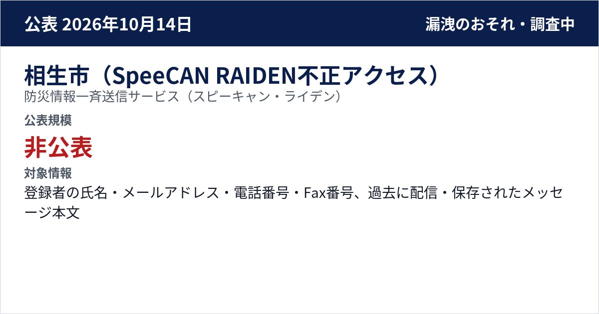 相生市(SpeeCAN RAIDEN不正アクセス) 防災情報一斉送信サービス(スピーキャン・ライデン) 公表規模:非公表