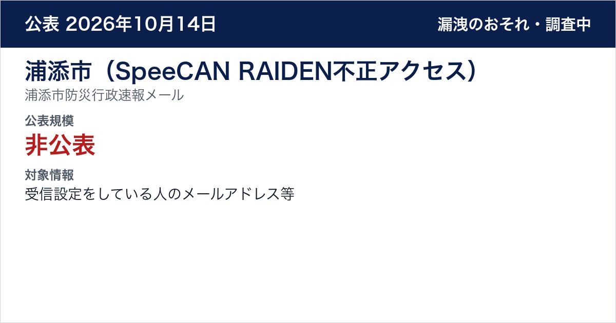 浦添市（SpeeCAN RAIDEN不正アクセス） 浦添市防災行政速報メール　公表規模：非公表