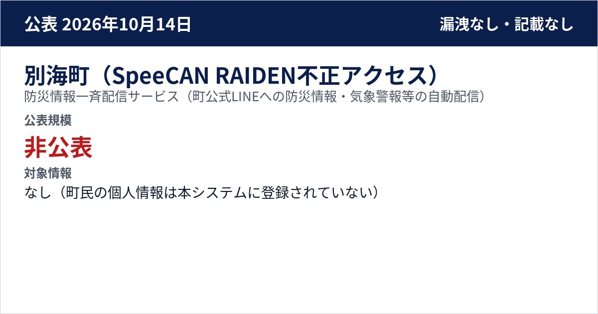別海町(SpeeCAN RAIDEN不正アクセス) 防災情報一斉配信サービス(町公式LINEへの防災情報・気象警報等の自動配信) 公表規模:非公表