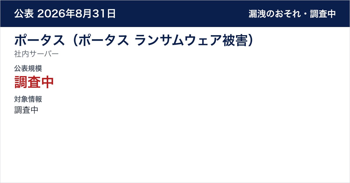 ポータス(ポータス ランサムウェア被害) 社内サーバー 公表規模:調査中