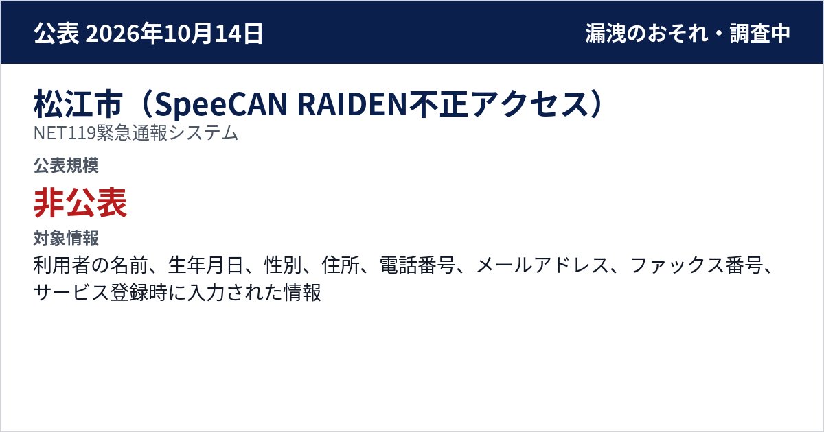 松江市(SpeeCAN RAIDEN不正アクセス) NET119緊急通報システム 公表規模:非公表